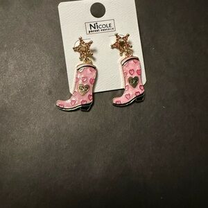 Nicole Pink Heart Cowboy Boot Dangle Earrings with Gold Star Studs